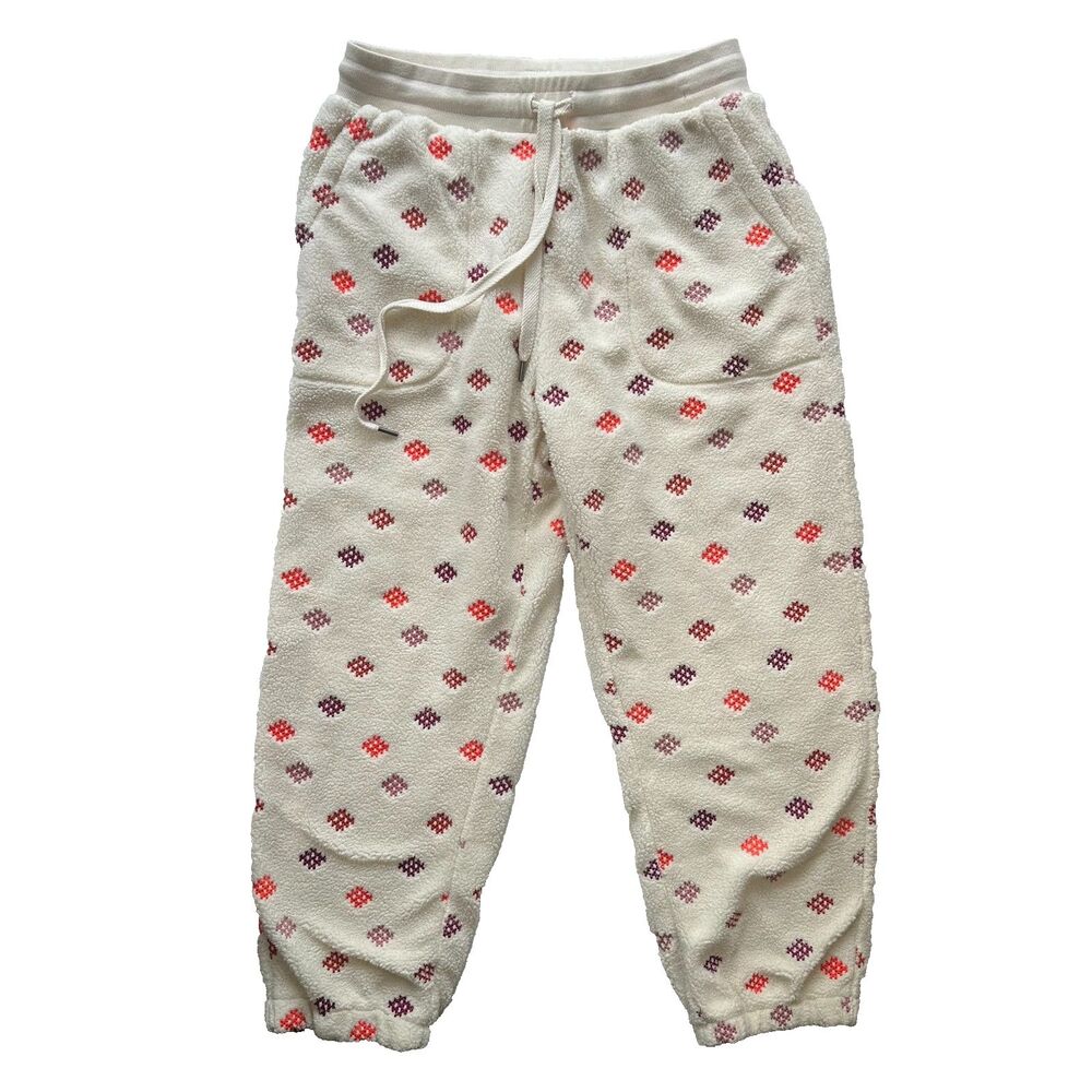 Anthropologie Daily Practice Ivory Lounge Fleece Jogger Pants Embroidered Size M
